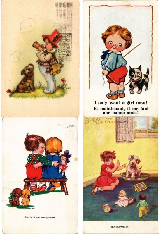 CHILDEN WITH DOGS ARTIST SIGNED HUMOR, 108 Vintage Postcards (L6228)