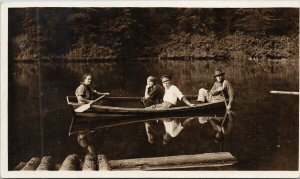 Portrait of 4 People in Canoe Military Hat ?? unused Real Photo Postcard F24