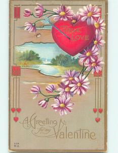 Unused Divided-Back Valentine TRUE LOVE PIERCED HEART & PURPLE FLOWERS o5532