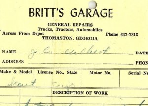 1968 THOMASTON GEORGIA BRITT'S GARAGE GENERAL AUTOMOBILE REPAIRS INVOICE Z901