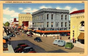 Marysville, CA California  D STREET SCENE  Cars & Stores  1944 Linen Postcard