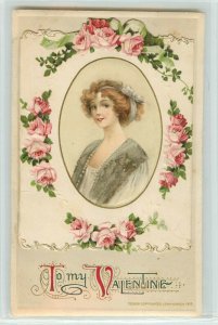 Winsch Embossed Novelty Valentine Postcard Schmucker Lovely Lady & Roses