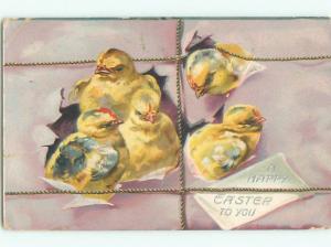 Pre-Linen easter FIVE BABY CHICKS BURST THROUGH THE WRAPPING PAPER J2601