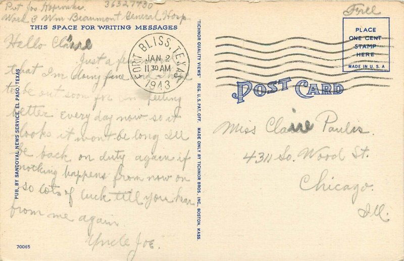 WWII era Linen Postcard Greetings from Fort Bliss Texas, Tank Cavalry Artillery