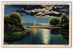 1940 Moonlight on Lake Michigan at Outlet of Pike Creek Kenosha WI Postcard