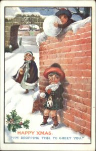 Christmas - Children Snowball Fight c1915 Postcard