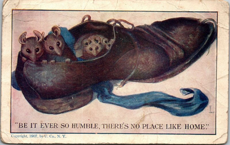 Postcard Be It Ever So Humble Mice in Shoes U. Co. 1908 - RATS - VINTAGE 