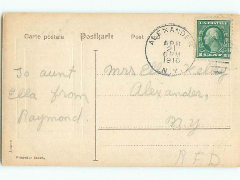 Pre-Linen easter BOY WALKING HIS PET BUNNY RABBIT ON LEASH J2263