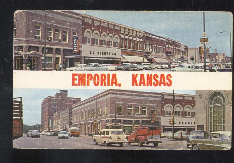 EMPORIA KANSAS DOWNTOWN STREET SCENE 1950's CARS VINTAGE POSTCARD