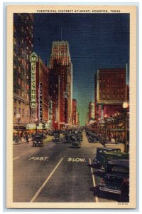 c1930's Theatrical District At Night Cars Metropolitan Houston Texas TX Postcard