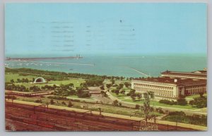 Chicago Illinois~Air View of Lake Front & Trains~Vintage Postcard 