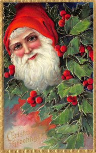 Christmas Greetings Santa Claus Head Red Hat Ivy Berries 1912 Embossed Postcard