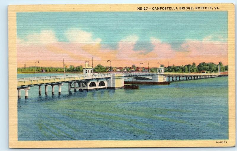 Campostella Bridge Norfolk Virginia VA Vintage Linen Unused Postcard A57