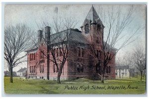 c1910 Public High School Building Tower Side View Wapello Iowa Antique Postcard