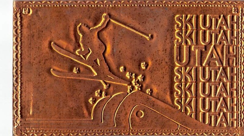 Copper Post Card Ski Utah Engraved Copper Unused