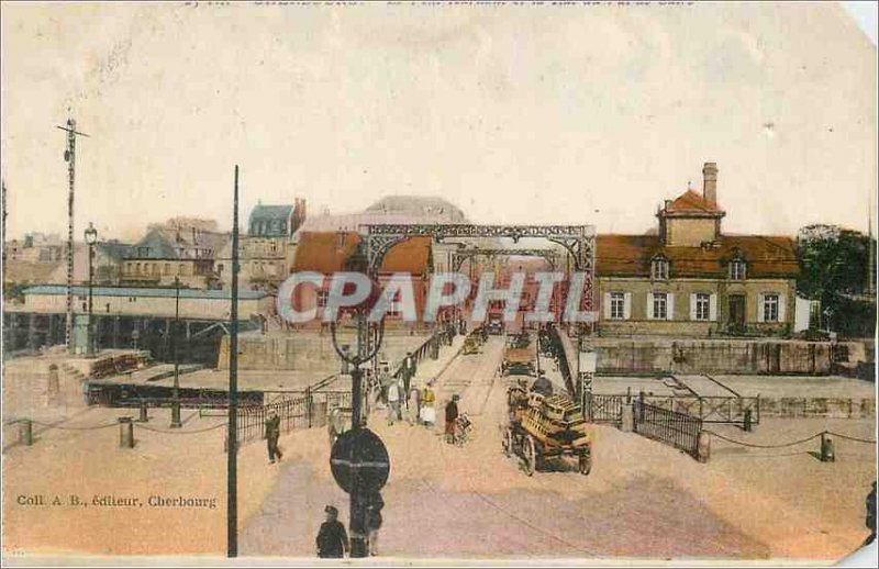 Old Postcard Cherboug The swing bridge and the street of the Val de Saire