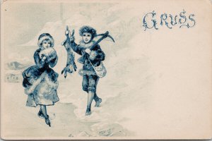 Gruss Man Woman Rabbit Hunter Hunting Bow Postcard G88 *as is