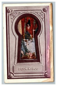 Vintage 1919 Winsch Postcard Woman in Bedroom Keyhole - Peek-A-Boo