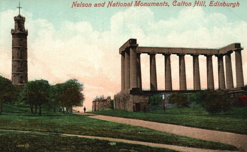 Vintage Postcard 1910s Nelson & Nat'l Mnmts. Calton Hill Edinburgh Scotland UK