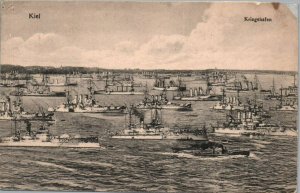 German Navy WWI Postcard c.1910s Ships in Harbor at Kiel Port