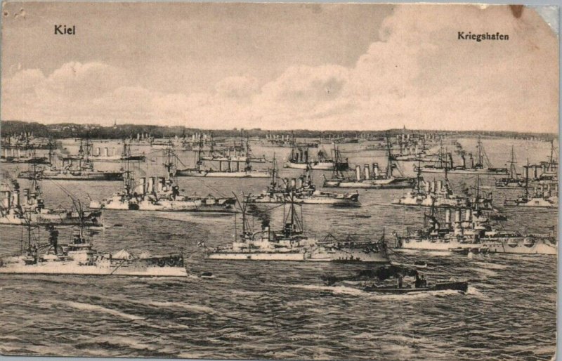 German Navy WWI Postcard c.1910s Ships in Harbor at Kiel Port