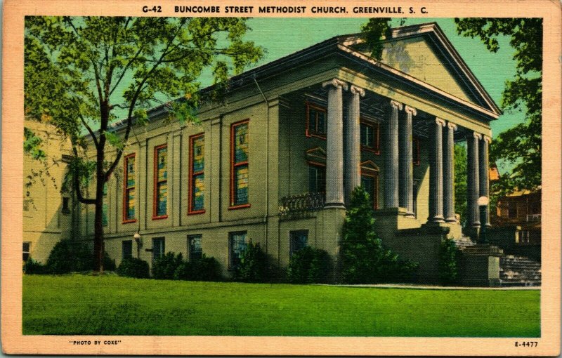 Buncombe Street Methodist Church Greenville South Carolina SC Linen Postcard Q17