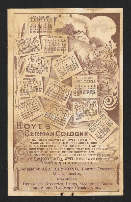 VICTORIAN TRADE CARD Hoyt's Cologne Girl Calendar