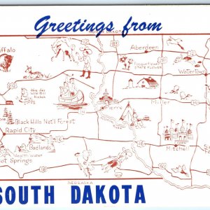 c1940s South Dakota Greetings Map from Hill City Zoo Linen Fincard Postcard A114