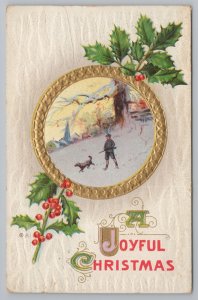Christmas~Holly & Boy With Dog & Rifle Holiday Greeting~Vintage Postcard 