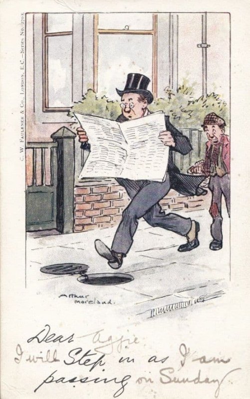 Man Falling into Manhole Reading Newspaper Antique Comic Humour Postcard