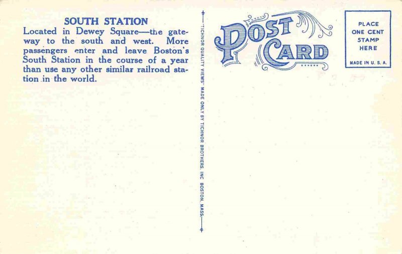 South Station Railroad Depot Boston Massachusetts linen postcard