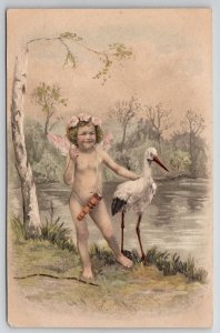 Stork With Cherub At Woodland Lake Scene Postcard B44