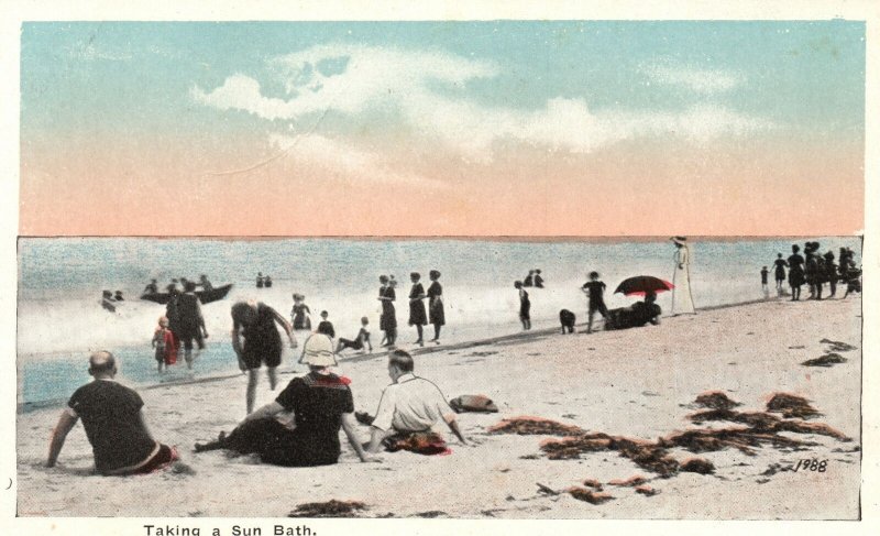 Taking A Sun Bath Beach Bathing Relaxation Vacation Ocean, Vintage Postcard