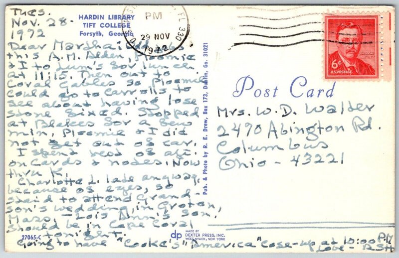 Forsyth Georgia 1972 Postcard Hardin Library Tift College