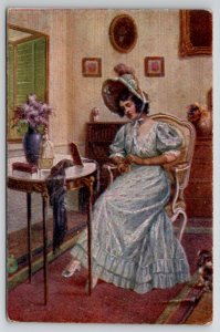 Arist R. Kratky Before Going Out Lovely Lady at Table Postcard L46