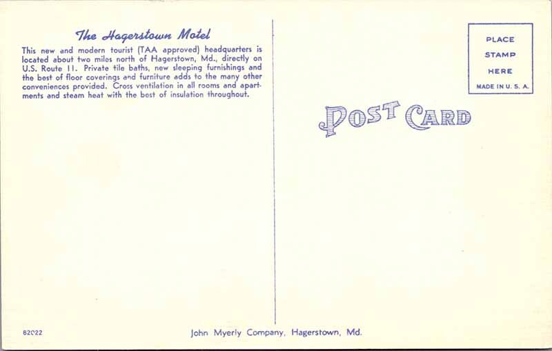 Postcard MOTEL SCENE Hagerstown Maryland MD AL0091