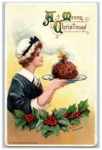 1914 Christmas Pretty Woman Mutton Pie Holly Berries Brundage Embossed Postcard