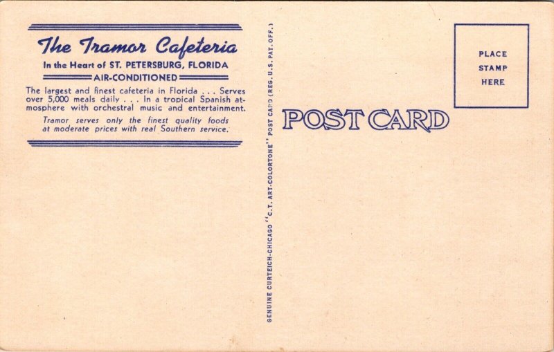 Linen Postcard Interior of Tremor Cafeteria in St. Petersburg, Florida