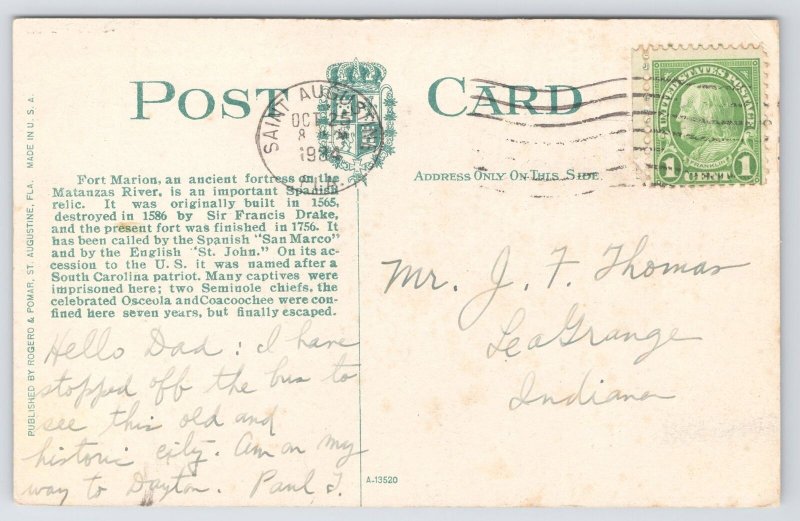 St Augustine Florida~Fort Marion~East & Southeast Angles-Water Battery~c1910 Pc