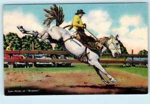 Rodeo Scene LYNN HUSKY on AIRPLANE Horse ca 1940s Linen Cowboy Postcard