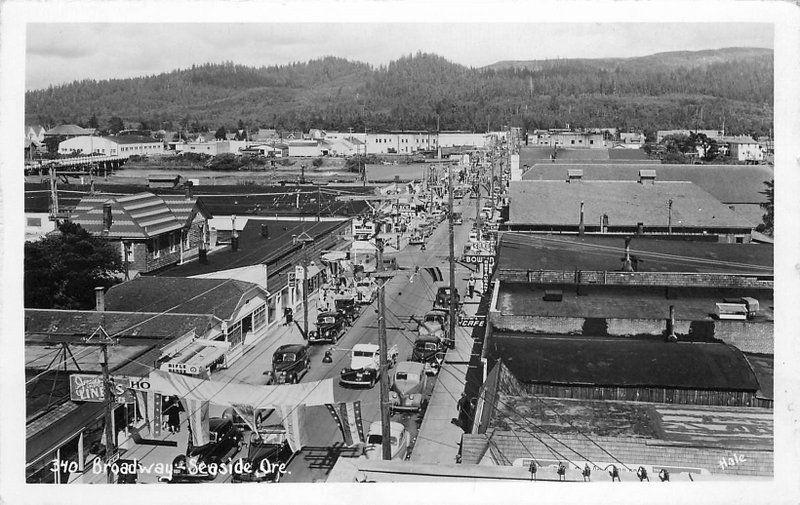 Autos Birdseye View Seaside Oregon 1930s RPPC Photo Postcard Hale 13575