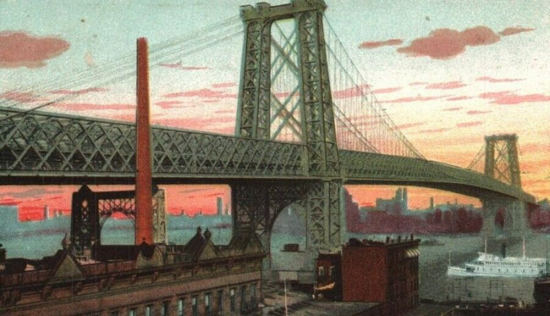 c. 1910 East River Bridge New York - Vintage Postcard - Lovely Skyline Sunset