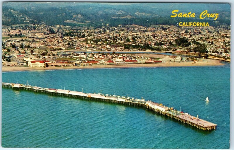 c1960s Santa Cruz, CA Wharf Beach Birds Eye Downtown Greetings Chrome PC A313