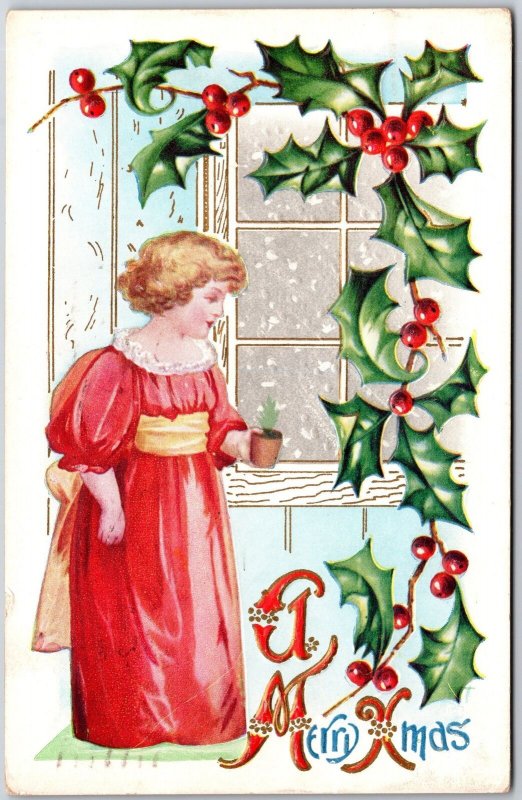 1911 A Merry Christmas Girl In Long Red Dress Holy Leaf Cherry Posted Postcard