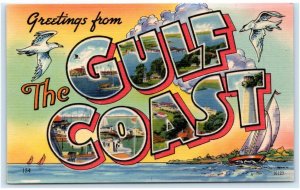 Large Letter Linen ~Greetings From The GULF COAST c1940s Sadler News Co Postcard