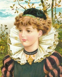 1880's Lovely Large De La Rue Victorian Lady Puffy Collar Trade Card &M