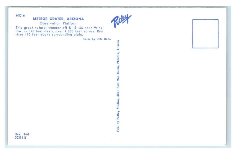 Postcard Meteor Crater - Observation Platform, Arizona AZ E26