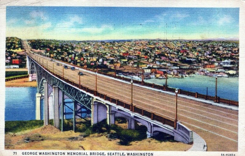 George Washington Memorial Bridge Seattle WA Posted Linen Vintage Postcard