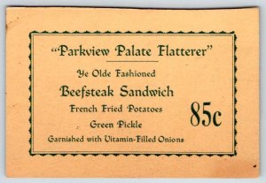 VINTAGE MENU CARD PARKVIEW PALATE BEEFSTEAK SANDWICH FRENCH FRIED POATOES PICKLE