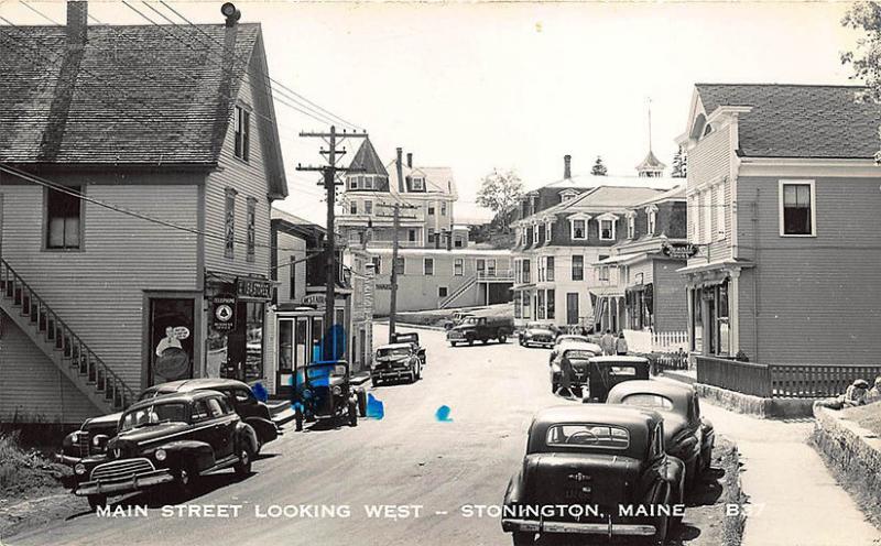 Stonington ME Main Street Looking West IGA Store Old Cars RPPC Postcard